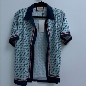 Gucci LIMITED EDITION Light Blue Navy Trim Monogram Short Sleeve Shirt